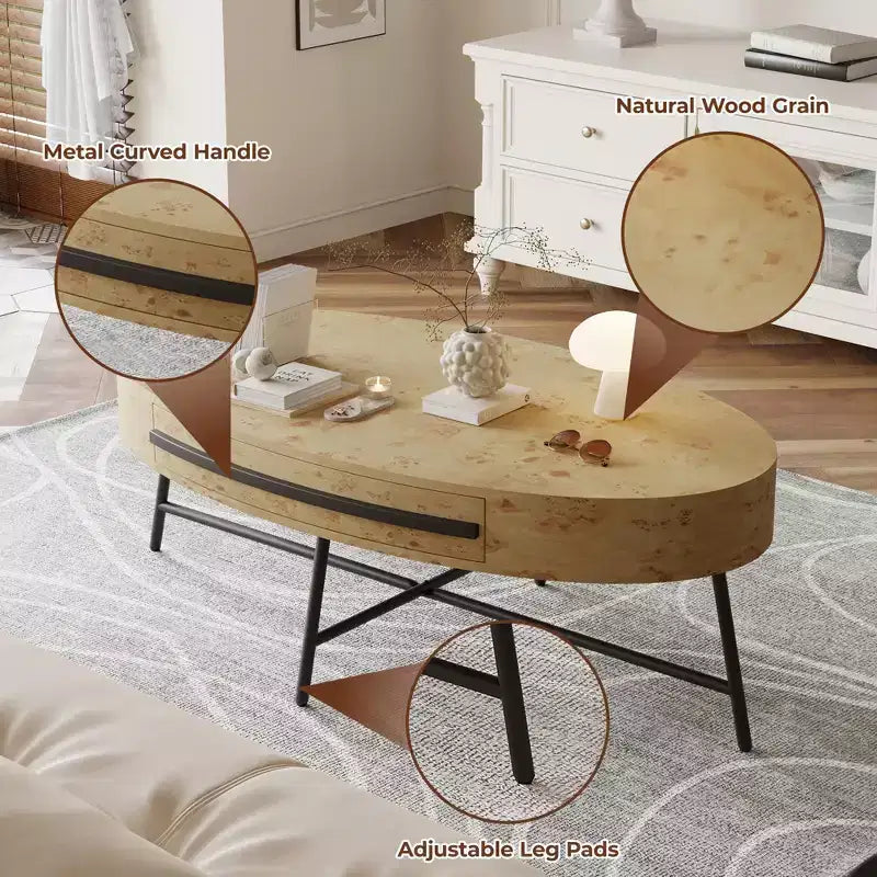 Tavolino da Caffè Ovale Giallo in Legno con Cassetto, Stile Mid-Century, 120 cm