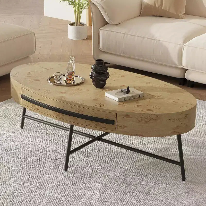 Tavolino da Caffè Ovale Giallo in Legno con Cassetto, Stile Mid-Century, 120 cm