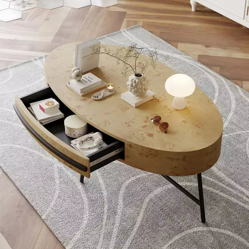 Tavolino da Caffè Ovale Giallo in Legno con Cassetto, Stile Mid-Century, 120 cm
