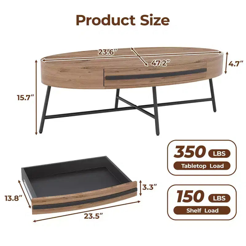 Tavolino da Caffè Ovale Giallo in Legno con Cassetto, Stile Mid-Century, 120 cm