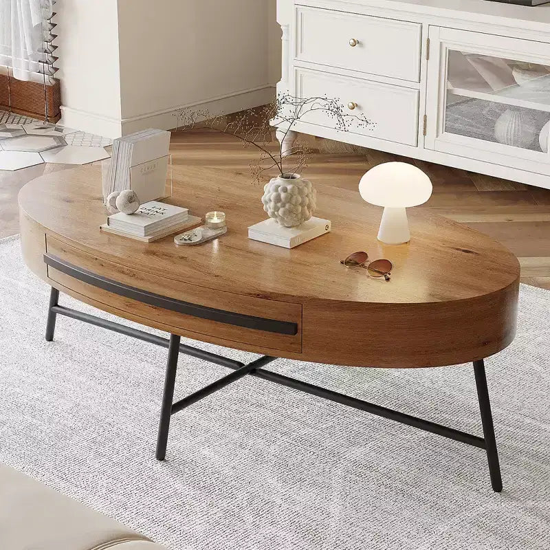 Tavolino da Caffè Ovale Giallo in Legno con Cassetto, Stile Mid-Century, 120 cm