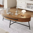 Tavolino da Caffè Ovale Giallo in Legno con Cassetto, Stile Mid-Century, 120 cm