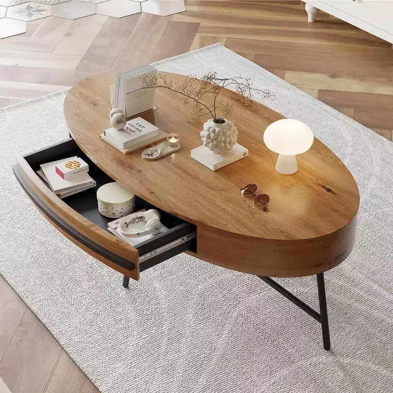 Tavolino da Caffè Ovale Giallo in Legno con Cassetto, Stile Mid-Century, 120 cm
