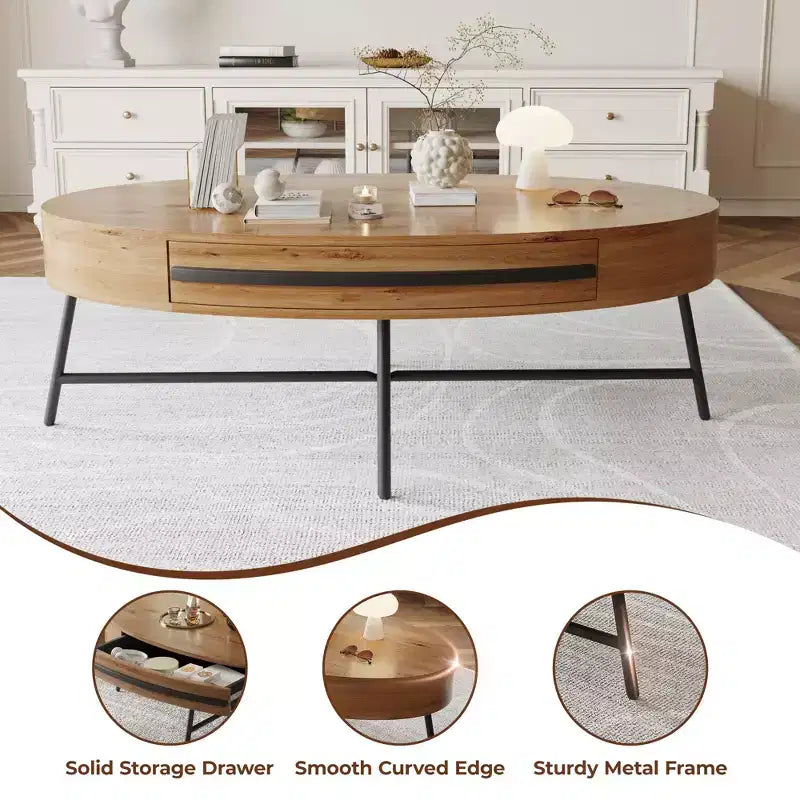 Tavolino da Caffè Ovale Giallo in Legno con Cassetto, Stile Mid-Century, 120 cm