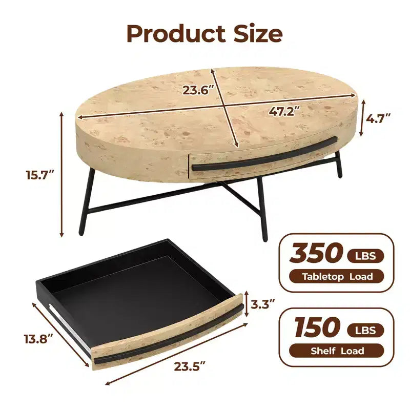 Tavolino da Caffè Ovale Giallo in Legno con Cassetto, Stile Mid-Century, 120 cm