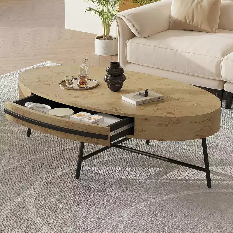 Tavolino da Caffè Ovale Giallo in Legno con Cassetto, Stile Mid-Century, 120 cm