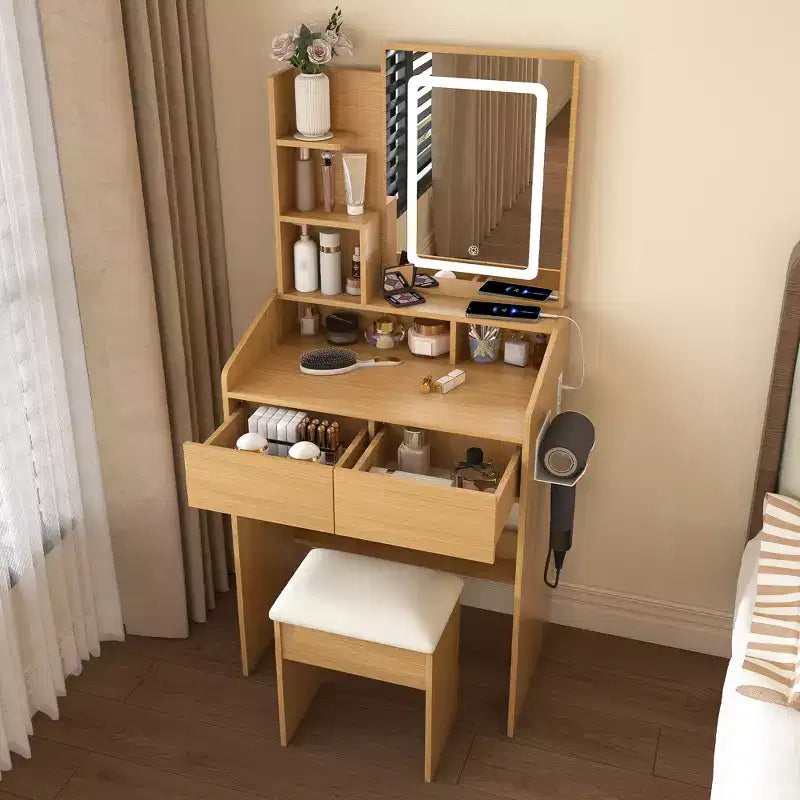 Tavolo da trucco moderno marrone con specchio LED, cassetti e sgabello per 1