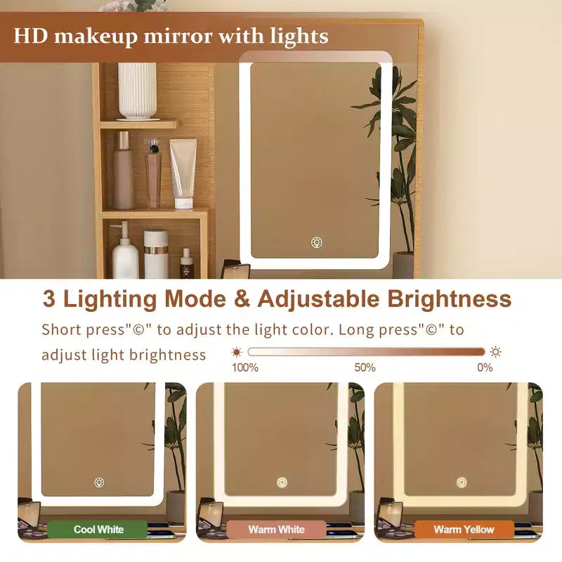 Tavolo da trucco moderno marrone con specchio LED, cassetti e sgabello per 1