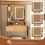 Tavolo da trucco moderno marrone con specchio LED, cassetti e sgabello per 1