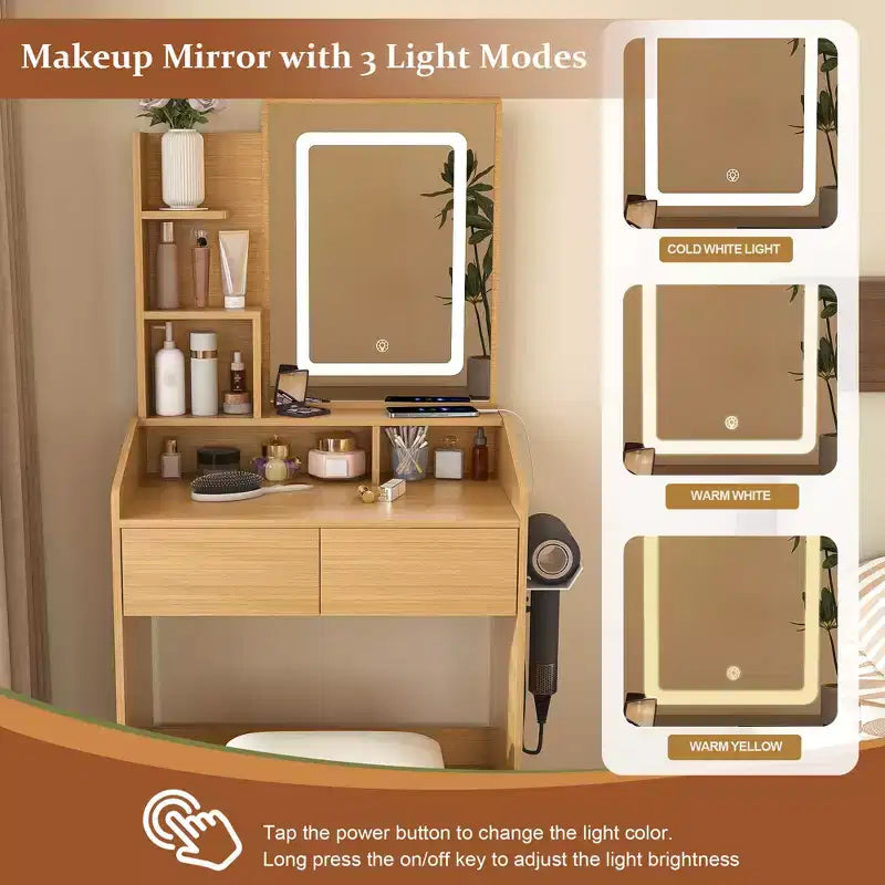 Tavolo da trucco moderno marrone con specchio LED, cassetti e sgabello per 1