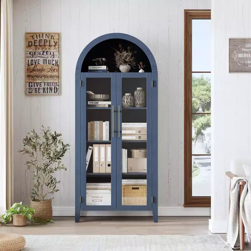 Pensile ad arco per dispensa con ante in vetro, 5 ripiani, nero/blu/noce/bianco, singolo