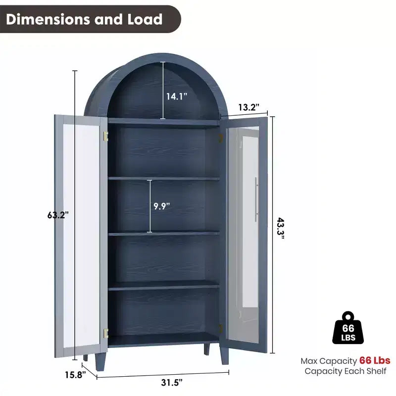 Pensile ad arco per dispensa con ante in vetro, 5 ripiani, nero/blu/noce/bianco, singolo