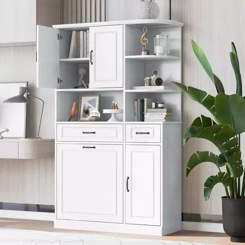 Armadietto portaoggetti bianco indipendente con cassetto a ribalta, ante e ripiani regolabili, MDF, assemblaggio a 1 persona