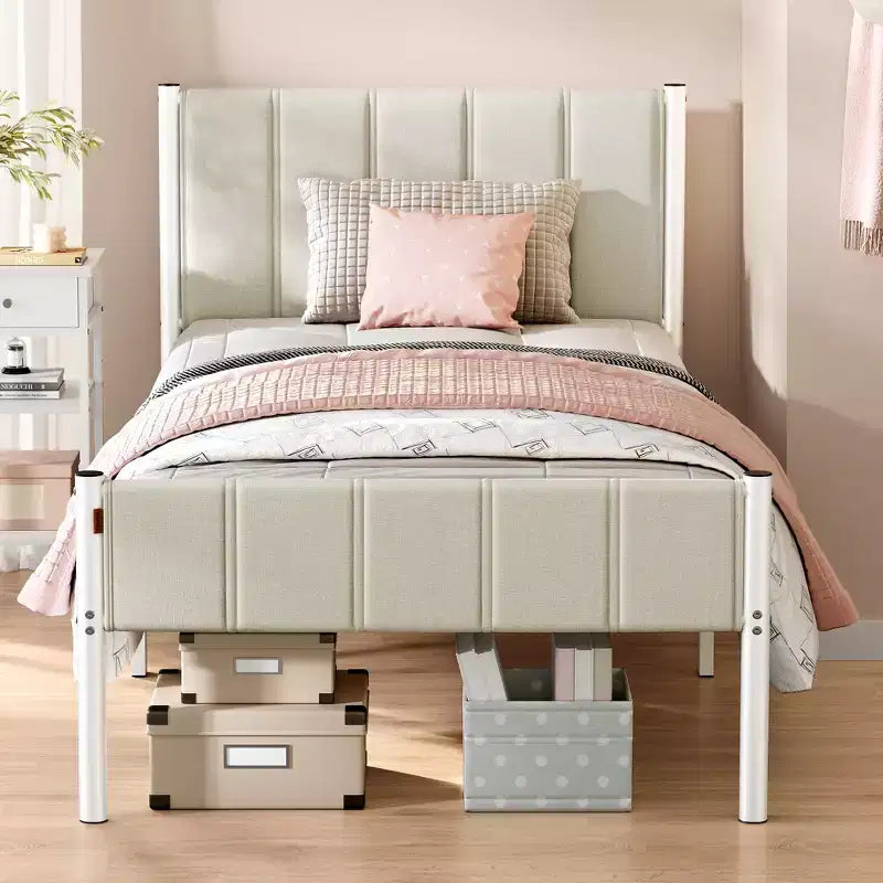 Struttura letto singolo imbottita in beige cappuccino/verde foresta per 1 persona