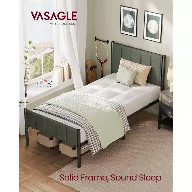 Struttura letto singolo imbottita in beige cappuccino/verde foresta per 1 persona