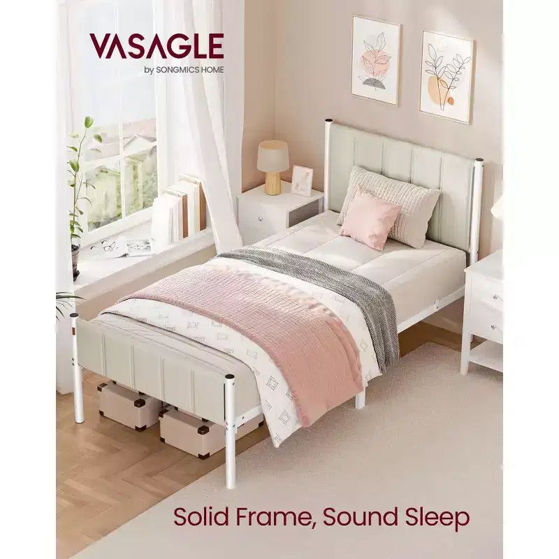 VASAGLE Twin Bed Frame with Upholstered Headboard,Footboard,550 lb Weight Capacity,Steel Slats,Easy Assembly,No Box Spring Needed