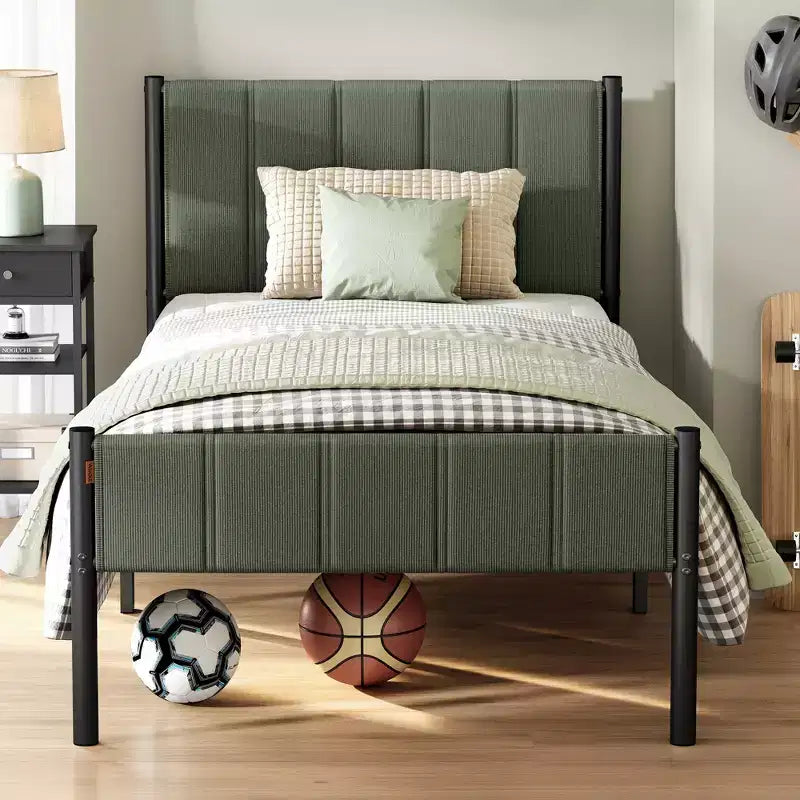 Struttura letto singolo imbottita in beige cappuccino/verde foresta per 1 persona
