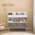 Libreria per bambini bianca e grigia, frontale, con 3 contenitori in tessuto