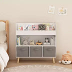 Libreria per bambini bianca e grigia, frontale, con 3 contenitori in tessuto