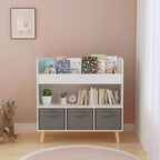 Libreria per bambini bianca e grigia, frontale, con 3 contenitori in tessuto