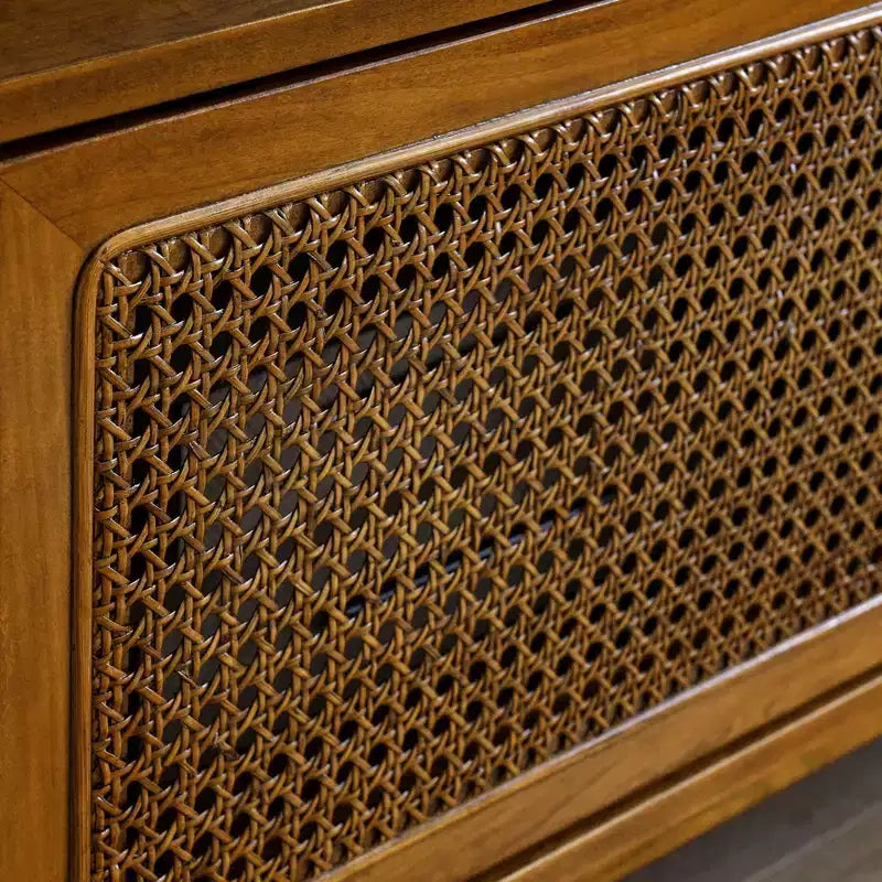 Mobile TV in rattan di legno chiaro per TV da 65", stile Mid-Century, larghezza 150 cm