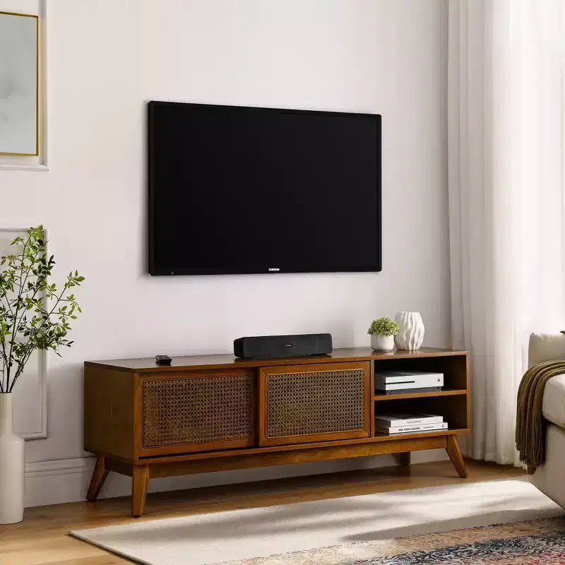 Mobile TV in rattan di legno chiaro per TV da 65", stile Mid-Century, larghezza 150 cm