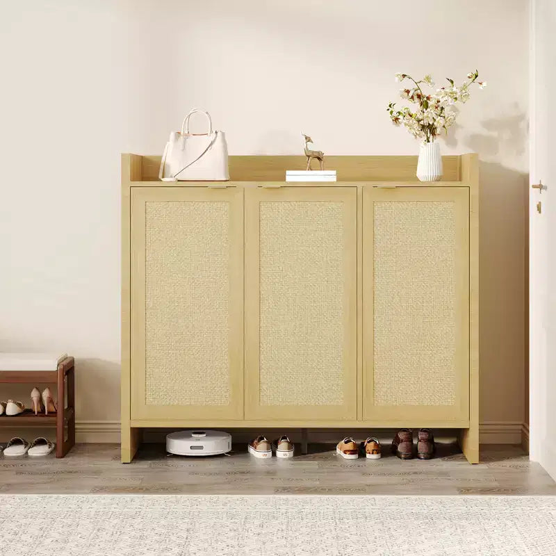 Rattan Shoe Storage Cabinet, Wooden Shoe Rack Organizer Cabinet with 3 Doors and Adjustable Shelves for Entryway Living Room Hallway, Light Oak