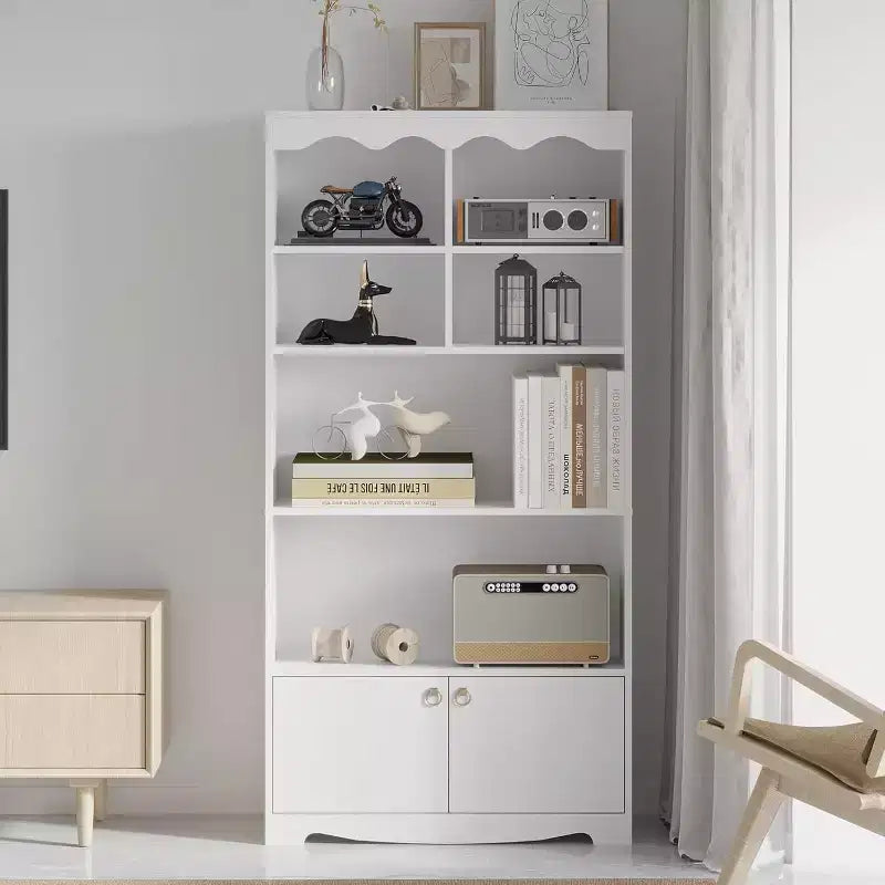 Libreria a onda a 5 ripiani, Noce/Bianco, altezza 160 cm, per una persona