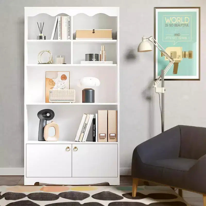 Libreria a onda a 5 ripiani, Noce/Bianco, altezza 160 cm, per una persona