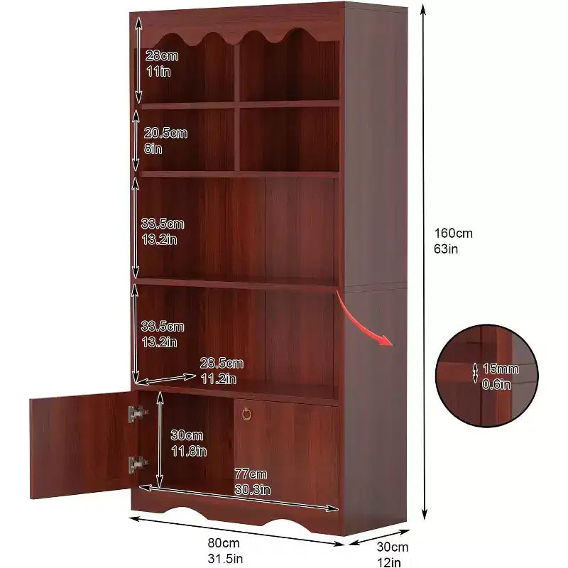 Libreria a onda a 5 ripiani, Noce/Bianco, altezza 160 cm, per una persona