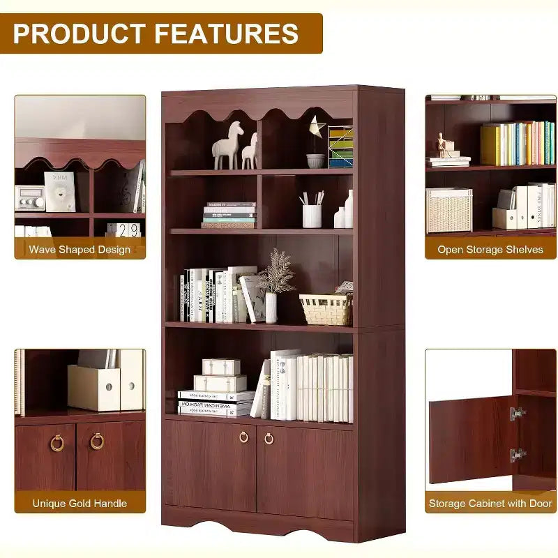 Libreria a onda a 5 ripiani, Noce/Bianco, altezza 160 cm, per una persona