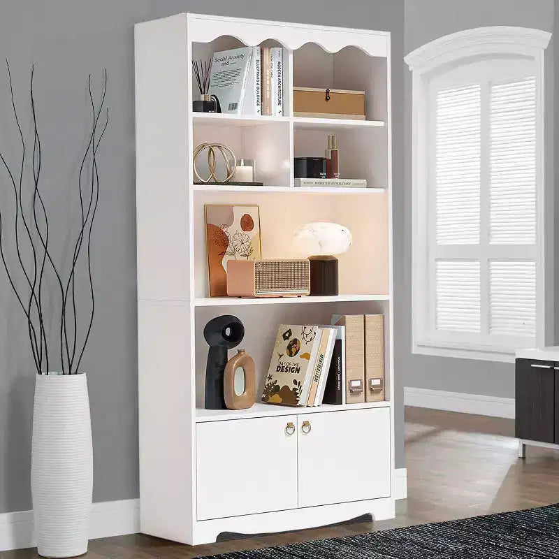 Libreria a onda a 5 ripiani, Noce/Bianco, altezza 160 cm, per una persona