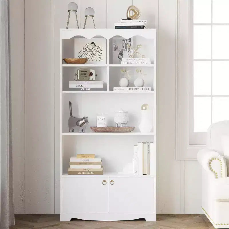 Libreria a onda a 5 ripiani, Noce/Bianco, altezza 160 cm, per una persona